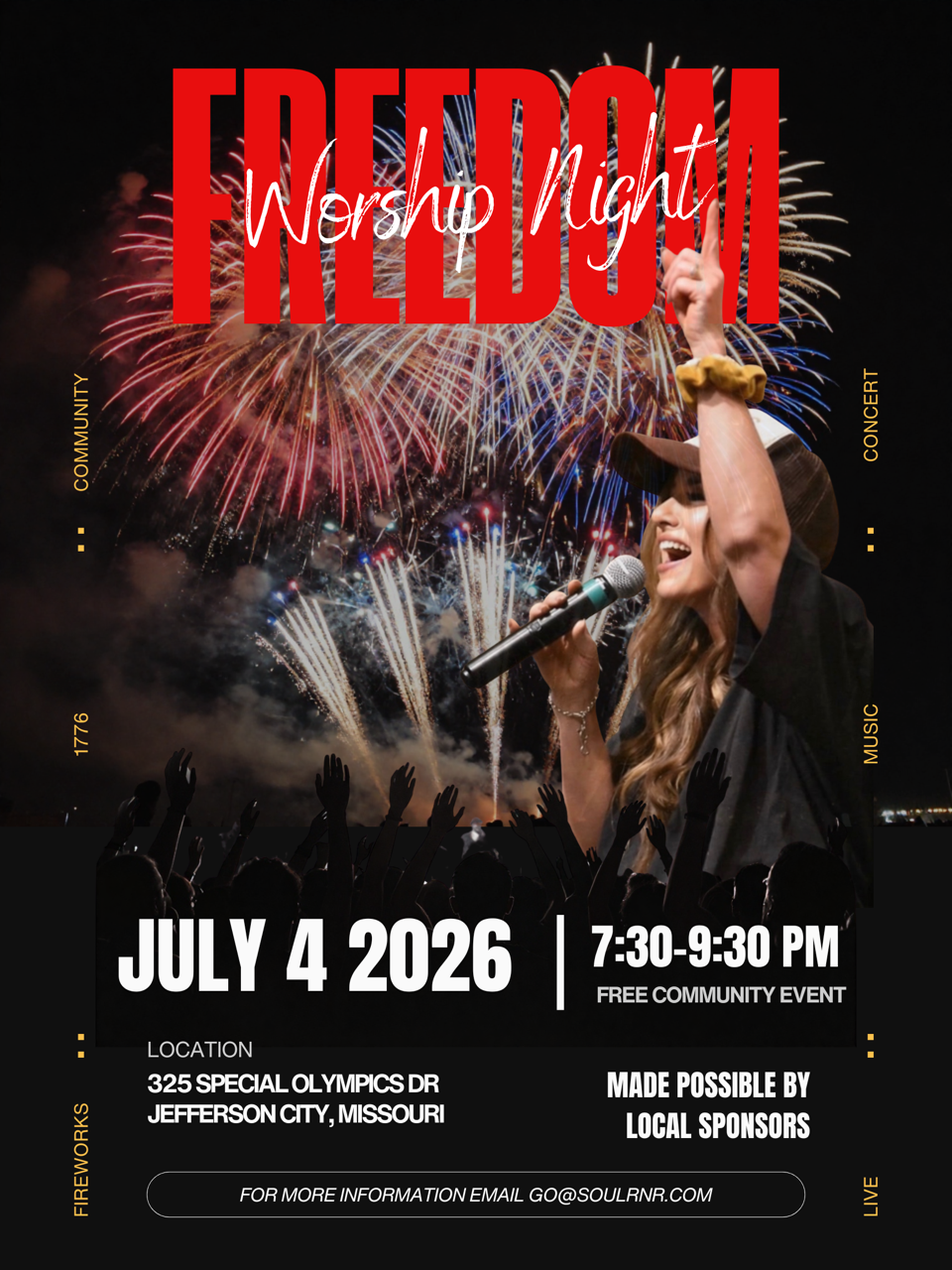 Freedom Worship Night — July 4, 2026, 7:30–9:30 PM, free community event at the Mid-America Bank Sports Complex, Jefferson City MO.